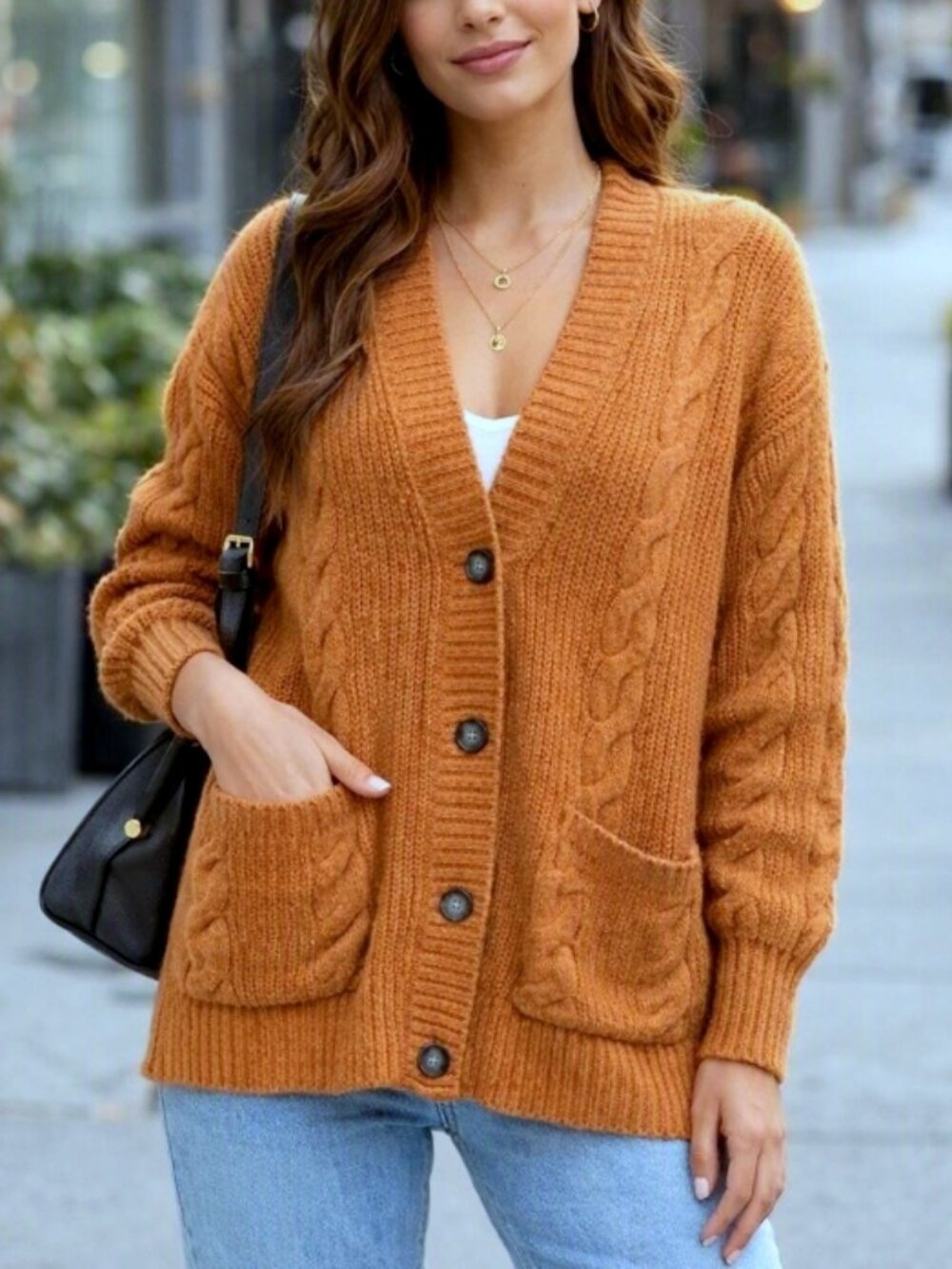American Eagle Caramel Brown Cable Knit Cardigan Sweater S Chunky Fall Layering